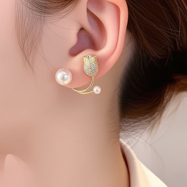 Pearl Zircon Korean Flower Earrings – Elegant Floral Design