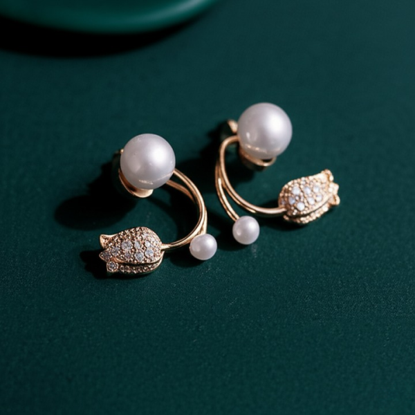 Pearl Zircon Korean Flower Earrings – Elegant Floral Design