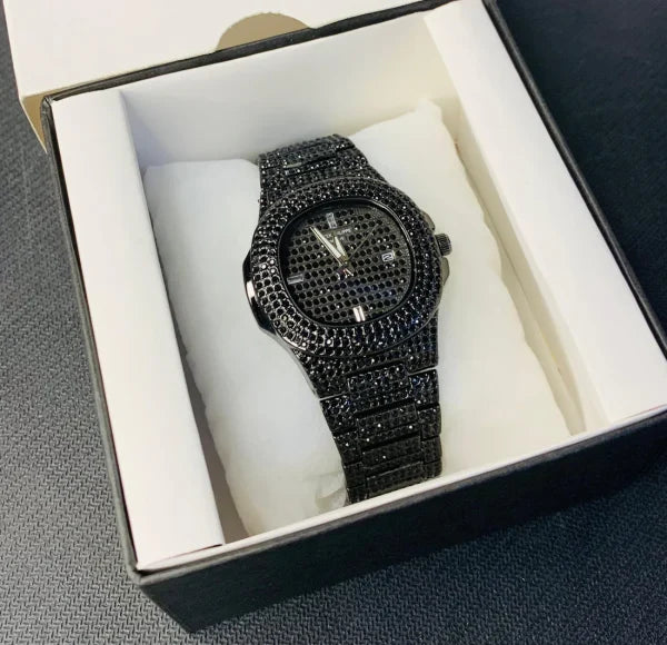 Black Stone Chain Watch – Men’s Fashion Stainless Steel