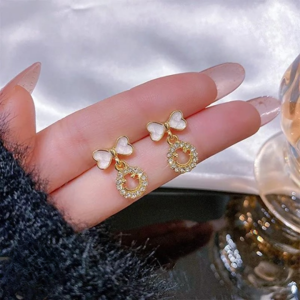 Smiley Face Zircon Korean Earrings – Bow & Crystal Design