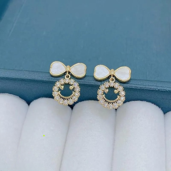 Smiley Face Zircon Korean Earrings – Bow & Crystal Design