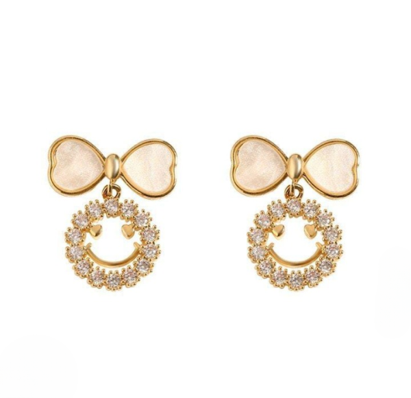 Smiley Face Zircon Korean Earrings – Bow & Crystal Design