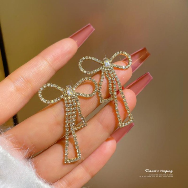 Bow Shape Zircon Korean Earrings – Golden, Elegant Design