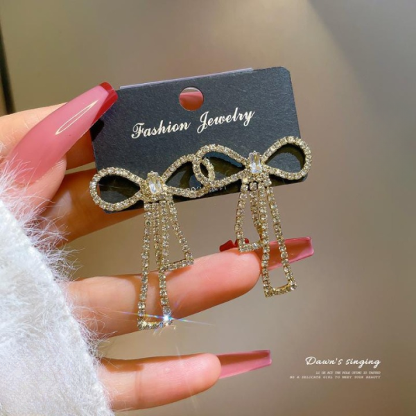 Bow Shape Zircon Korean Earrings – Golden, Elegant Design